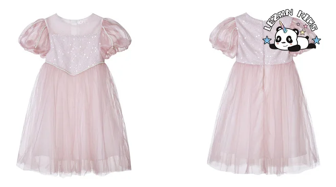 LEZONKIDS - Chegada Nova Personalizável Vestido de Criança com Manga Bufante e Lantejoulas para Festa de Tule e Mesh para Meninas de 2-14T